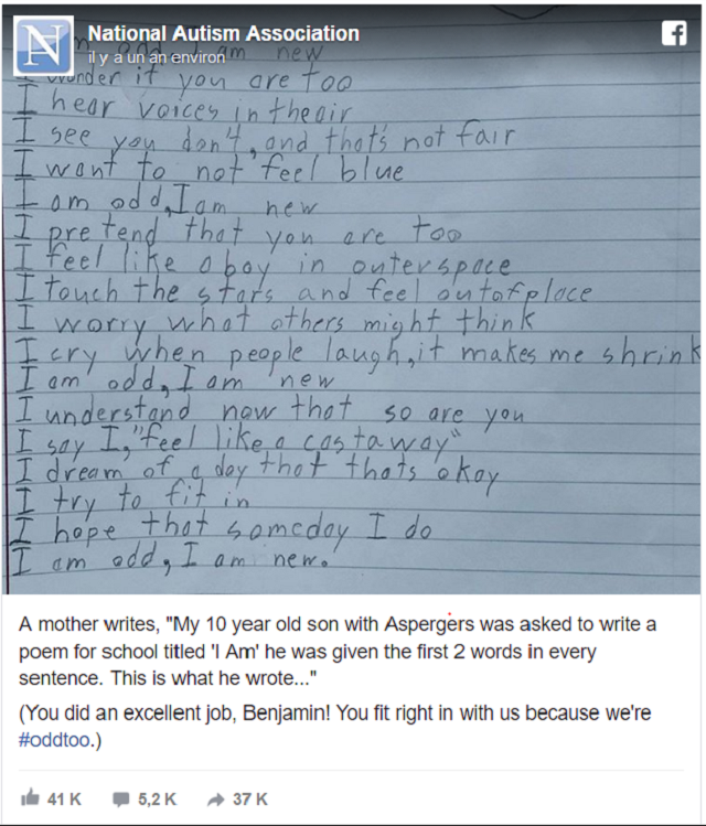 "Je suis étrange" : le poème bouleversant d'un autiste de 10 ans