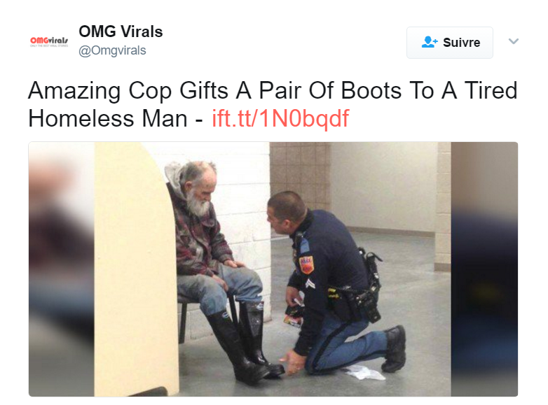 Un policier achète une paire de bottes pour un sans-abri qui tremble de froid.